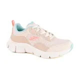 Championes Skechers Flex Comfort color beige con detalles en rosa y celeste. Capellada de malla transpirable con superposiciones de gamuza sintética. Tecnología Air Cooled Memory Foam en la plantilla y suela de goma flexible.