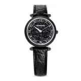 Reloj Swarovski para mujer, modelo Crystalline Wonder, con caja negra de 35mm y esfera adornada con cristales negros. Correa de cuero negro con diseño de lagarto. Fabricado en Suiza.