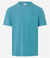 Remera celeste de algodón con poliéster y elastano, corte regular, cuello redondo, manga corta y textura vertical.