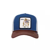 Gorra Goorin Bros con visera curva, color marrón, frente azul con parche bordado de un bulldog y parte trasera blanca de malla.