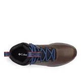 Bota de senderismo de cuero marrón con cuello acolchado negro, cordones azules y suela gris.