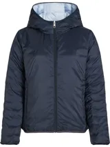 Campera acolchada reversible azul marino con interior celeste, con capucha y cierre frontal.
