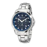Reloj Maserati Successo con caja de acero inoxidable plateado de 44mm y esfera azul con cronógrafo.