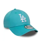 Gorro New Era 9FORTY ajustable color celeste con logo de LA Dodgers bordado en blanco.