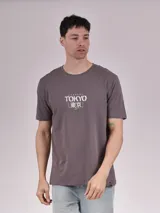 Remera gris con estampado frontal de la palabra "Tokyo" en letras mayúsculas blancas.