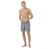 Short de baño Rip Curl modelo Horizon, con estampado de rayas verticales en tonos azul, rojo, blanco y amarillo.
