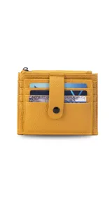 Tarjetero negro de símil cuero con presilla frontal y capacidad para 11 tarjetas. Incluye un visor transparente y un bolsillo con cierre para monedas o billetes.