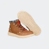 Botas Hey Dude modelo Bradley Classic, color marrón, con cordones y cuello de tela escocesa.