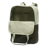 Mochila Columbia Trail Traveler 18L, color verde oliva y beige, con correas y detalles en verde claro. Cuenta con compartimento para laptop de hasta 15 pulgadas, bolsillo para botella de agua, bolsillo externo con cremallera y respaldo acolchado.