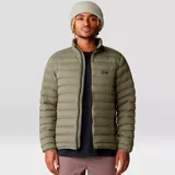 Campera verde oliva de plumas, con cierre frontal, bolsillos laterales con cierre y logo de la marca bordado en el pecho.