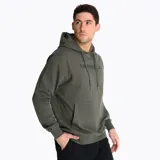 Buzo con capucha color verde militar, marca Merrell, con logo estampado en el pecho y bolsillo tipo canguro.