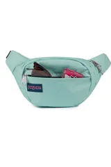Riñonera JanSport Fifth Avenue con estampado de camuflaje en tonos verde, marrón y beige.