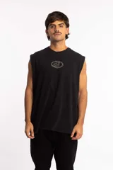 Musculosa azul con efecto gastado y logo estampado en el pecho. Corte amplio y sin mangas.