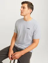 Remera gris de manga corta y cuello redondo, con logo "JJ REBEL" estampado en el pecho.