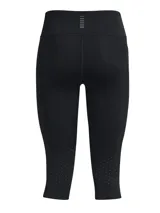 Calza capri de running Under Armour Fly Fast 3.0, color negro con logo reflectivo en la pierna y detalle de línea blanca en el ruedo.