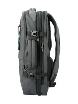 Mochila RKF unisex de poliéster reciclado repelente al agua, color gris. Cuenta con tres compartimentos independientes con cierre, compartimento para laptop de 15 pulgadas, triple bolsillo frontal con cierre, mango lateral, correas ajustables, almohadillas en la espalda, pasador para maleta y broches laterales.