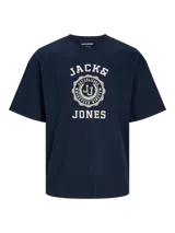 Camiseta azul marino de manga corta y cuello redondo con estampa frontal con el logo de Jack & Jones.