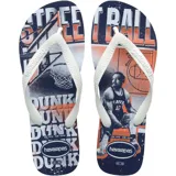 Ojotas Havaianas con estampado de temática de baloncesto en tonos naranja y azul.