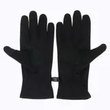 Guantes negros de microfleece con ajuste en la muñeca y logo de la marca en color naranja.