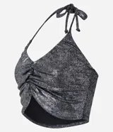 Top cropped con escote halter, lazo en el cuello, fruncido en el busto y superficie con efecto metalizado.