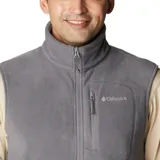 Chaleco de polar Columbia Fast Trek para hombre, color azul marino con cierre y detalles en azul eléctrico. Cuenta con cuello alto, bolsillos laterales con cierre y bolsillo en el pecho con cierre.