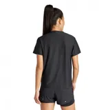 Remera deportiva Adidas Own The Run para mujer, color negro con tres tiras blancas en las mangas y logo blanco en el pecho.
