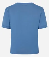 Blusa de viscosa color verde, con cuello redondo y manga corta con detalle plegado.