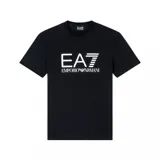 Remera de manga corta, cuello redondo, color negro, con el logo grande de EA7 Emporio Armani estampado en blanco en el pecho.