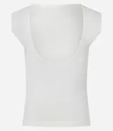 Blusa sin mangas color blanco, con cuello redondo y espalda abierta con escote en U.