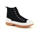 Championes de bota negros con cordones, suela marrón y plataforma blanca.