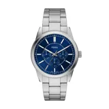 Reloj Fossil para hombre, modelo Pearson. Caja plateada de acero inoxidable de 42mm de diámetro, esfera azul con efecto rayos de sol y subesferas que indican el día, la fecha y el formato de 24 horas.