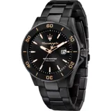 Reloj Maserati Competizione con caja de acero negro de 43mm, bisel cerámico, esfera negra con detalles luminosos y movimiento de cuarzo.