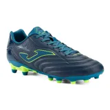 Championes de fútbol Joma Aguila 2403, color azul con detalles en verde flúor. Diseñados para profesionales que buscan ligereza y ajuste. Fabricados con material sintético resistente y transpirable, suela de caucho de dos densidades, media suela de Phylon y empeine de microfibra Fibertec y nylon.