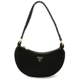 Bolso de hombro tipo media luna, color negro, con acabado de gamuza o material similar. Presenta un cierre superior con cremallera y un logo triangular metálico de Guess en color dorado en el frente. La correa de hombro es negra y trenzada.