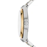 Reloj de mujer de acero inoxidable combinado en plateado y dorado, con caja de 37mm, esfera blanca, y números romanos dorados.