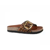 Sandalia de cuero con estampado de leopardo, hebilla dorada y suela de corcho.