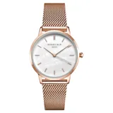 Reloj Rosefield modelo Pearl Edit RMRMR-R09 con caja redonda de acero color oro rosa, esfera de nácar blanco y malla de acero inoxidable color oro rosa.
