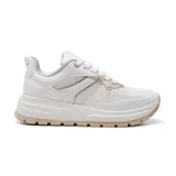 Championes deportivos Via Marte modelo Susan, color blanco con detalles en dorado y suela color beige. Confeccionados en cuero sintético y malla.