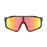 Lentes de sol unisex con montura negra y lentes espejadas color naranja.