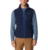 Chaleco de polar Columbia Fast Trek para hombre, color azul marino con cierre y detalles en azul eléctrico. Cuenta con cuello alto, bolsillos laterales con cierre y bolsillo en el pecho con cierre.