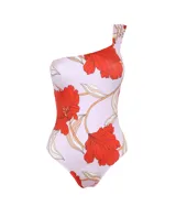 Traje de baño entero de lycra color lila con estampado de flores rojas, con un solo tirante ancho y escote asimétrico.