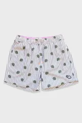 Short de baño blanco con rayas verticales finas color verde oliva y estampado de flores de sol en verde oliva.