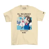 Remera color crema con estampado del afiche de la película "El Regreso del Gato" de Studio Ghibli.