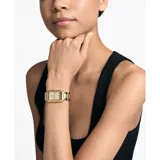 Reloj Michael Kors modelo Ritz con caja rectangular dorada y pulsera de eslabones de acero inoxidable en tono dorado. La esfera dorada presenta marcadores de hora en números romanos y el logo de la marca.