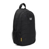 Mochila azul con estampado geométrico, logo de la marca en el frente, tirantes ajustables de malla elástica, bolsillo portaobjetos y ranuras para bolígrafos en el compartimento principal, compartimento trasero con bolsillo acolchado para portátil y cierre de cremallera.