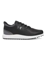 Zapatos de golf Under Armour Drive Medal SL para hombre, color negro con detalles en gris y blanco. La parte superior de microfibra es suave pero duradera, y la amortiguación Charged Cushioning absorbe los impactos.
