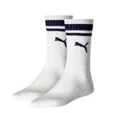 Pack de dos pares de medias Puma Crew Heritage blancas con tres rayas horizontales azules en el borde superior y logo de Puma en azul.