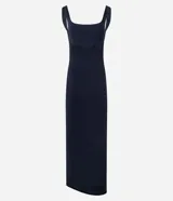 Vestido midi de bretel ancho, confeccionado en poliamida con escote cuadrado en la espalda.