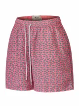 Short de baño rosado con estampado de tortugas marinas en verde y celeste. Cuenta con cintura elástica, cordón ajustable, bolsillos delanteros y traseros.