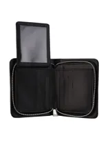 Monedero negro con cierre de cremallera plateada, múltiples ranuras para tarjetas y un compartimento transparente para identificación.